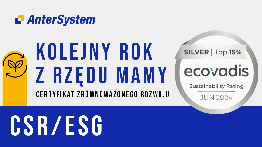 Obrazek przedstawia srebrny znak EcoVadis.Srebrny znak EcoVadis świadczy o tym, że firma osiągnęła wysokie wyniki w zakresie odpowiedzialności społecznej, etyki, ochrony środowiska oraz zrównoważonego zarządzania.
